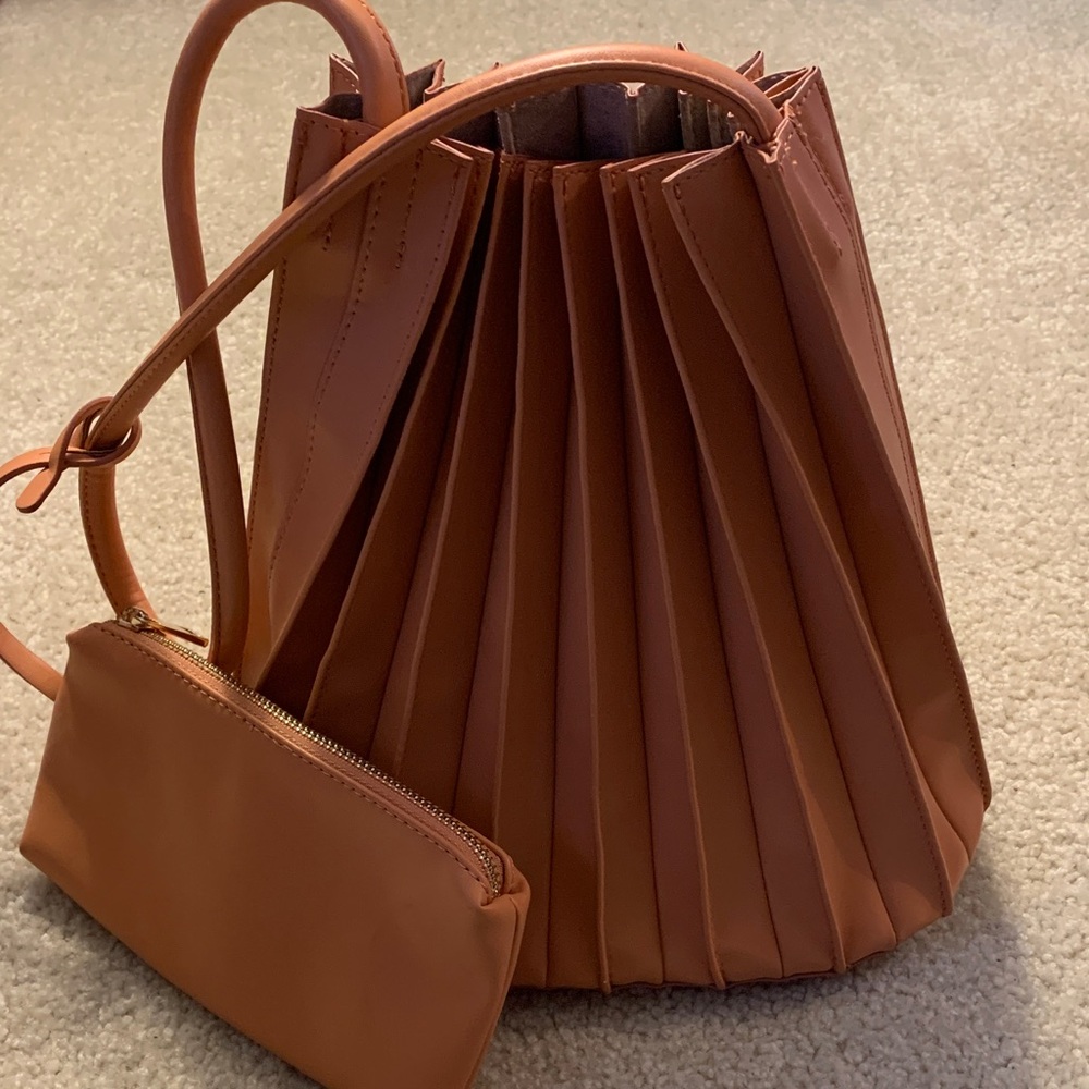 A New Day Accordion Pleated Shoulder Bag with Matching Wallet Coral/Peach Color